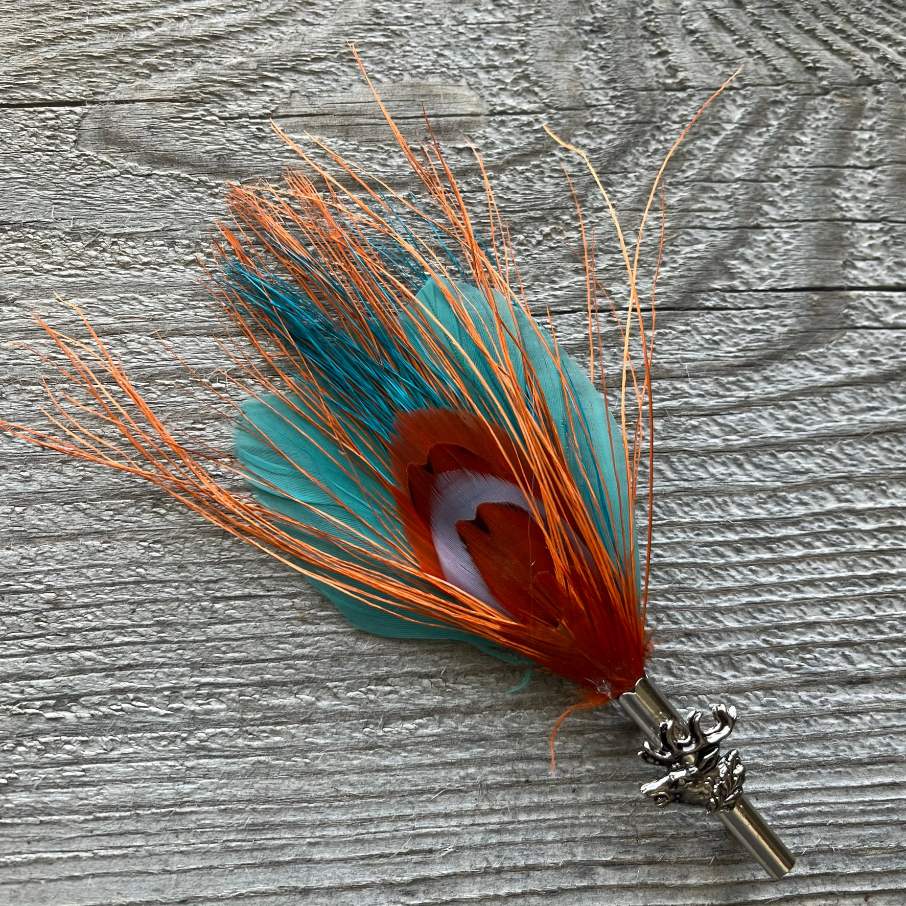 Feather hat / lapel pin, turquoise and orange