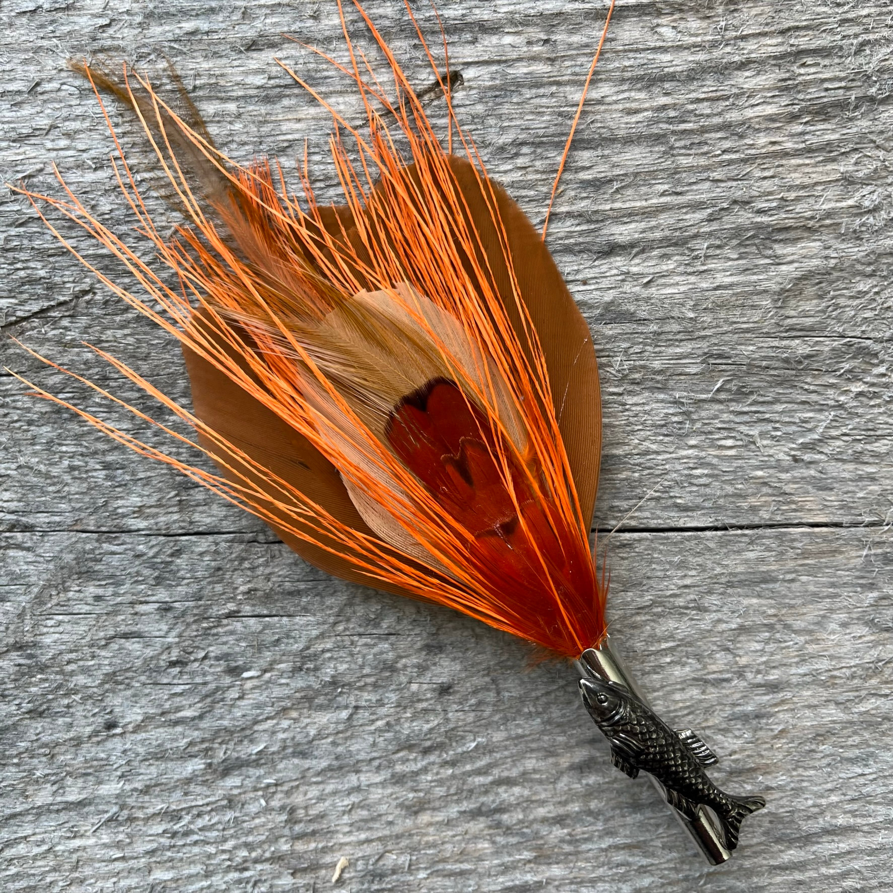 Feather hat / lapel pin, orange and coffee